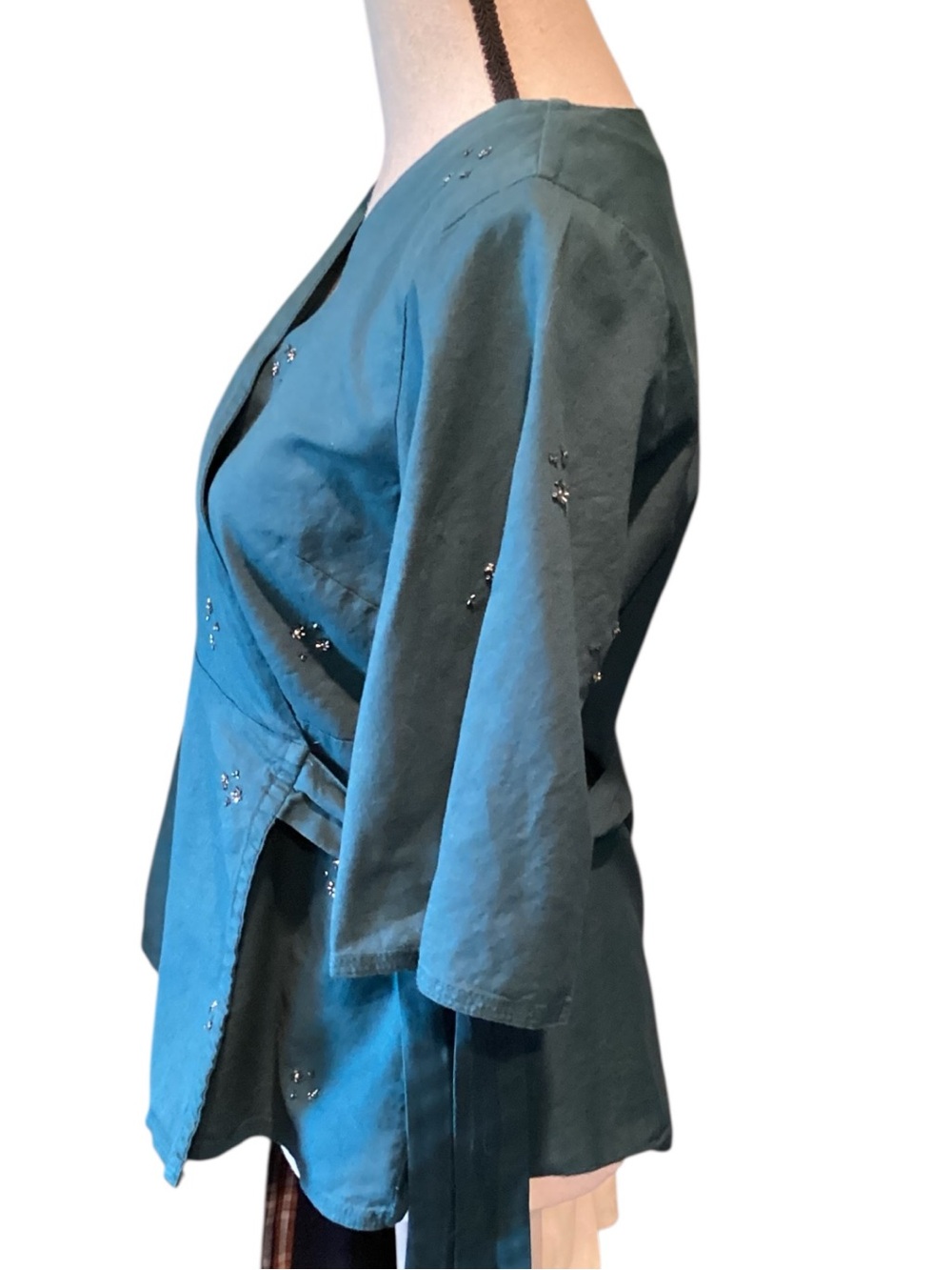 Fabindia Teal Cotton Linen Wrap Top Beaded Floral Embellished Boho Large - Picture 5 of 9